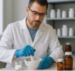 Compounding male pharmacist in a non‑sterile lab carefully grinding and mixing ingredients to create a patient‑specific medication