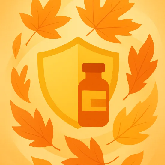 Abstract illustration of fall immunization: golden leaves swirl around a vaccine vial and protective shield.
