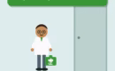 Cartoon pharmacist bringing an on-site flu clinic kit into a Calgary office - Evergreen Compounding Pharmacy