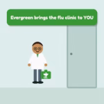 Cartoon pharmacist bringing an on-site flu clinic kit into a Calgary office - Evergreen Compounding Pharmacy