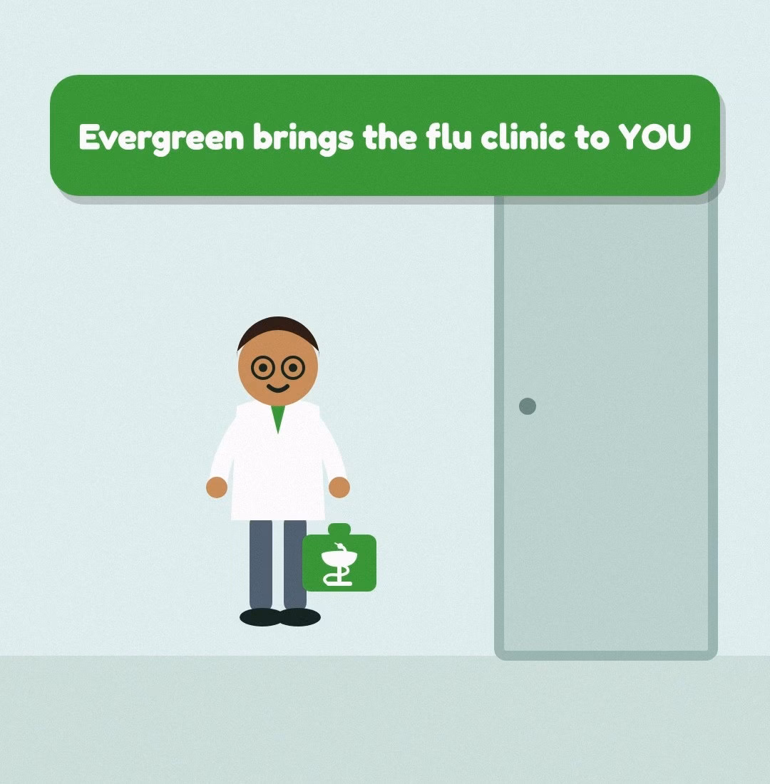 Cartoon pharmacist bringing an on-site flu clinic kit into a Calgary office - Evergreen Compounding Pharmacy