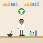 Cartoon pharmacist in the Evergreen Compounding Pharmacy lab in Calgary with mortar and pestle and Bowl of Hygieia sign