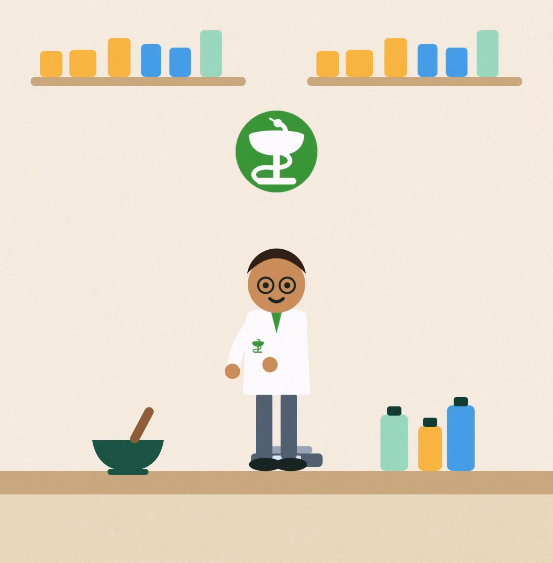 Cartoon pharmacist in the Evergreen Compounding Pharmacy lab in Calgary with mortar and pestle and Bowl of Hygieia sign