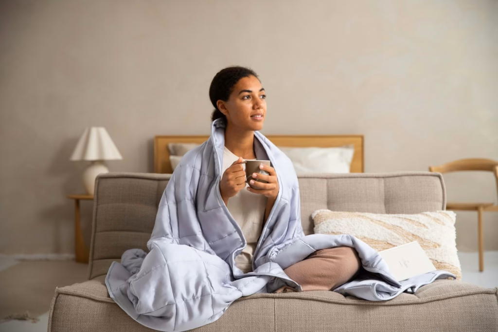 Woman resting on a couch with a blanket and warm drink while recovering from the flu at home